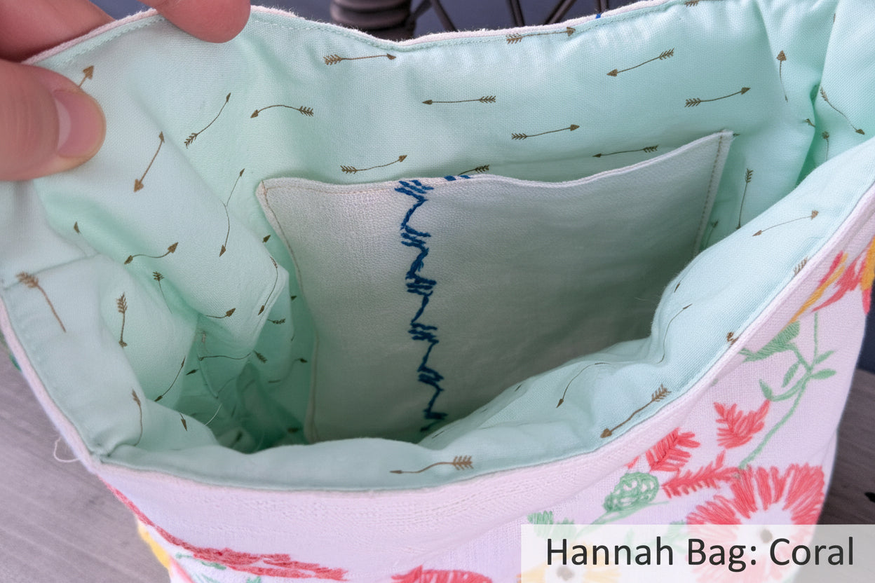 Close-up of a fabric item with embroidered details and floral patterns.