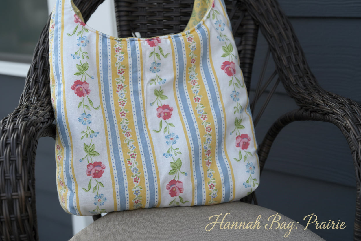 Floral and striped fabric bag on a chair